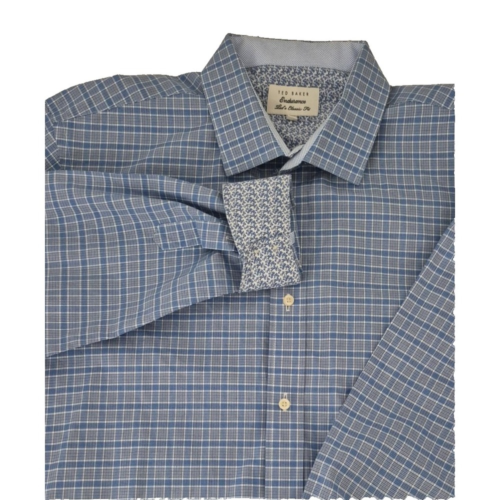 Ted Baker Endurance Shirt Mens 17‎ Blue Plaid Button Up Classic Fit Long Sleeve